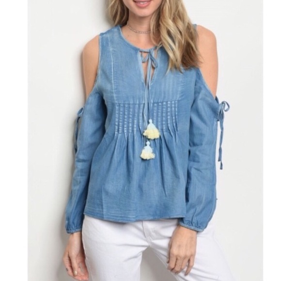 Very J Tops - Cold Shoulder Denim Tassel Top